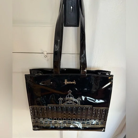 Harrods Large PVC Patent Leather Black & Gold Tote Bag - Picture 2 of 9